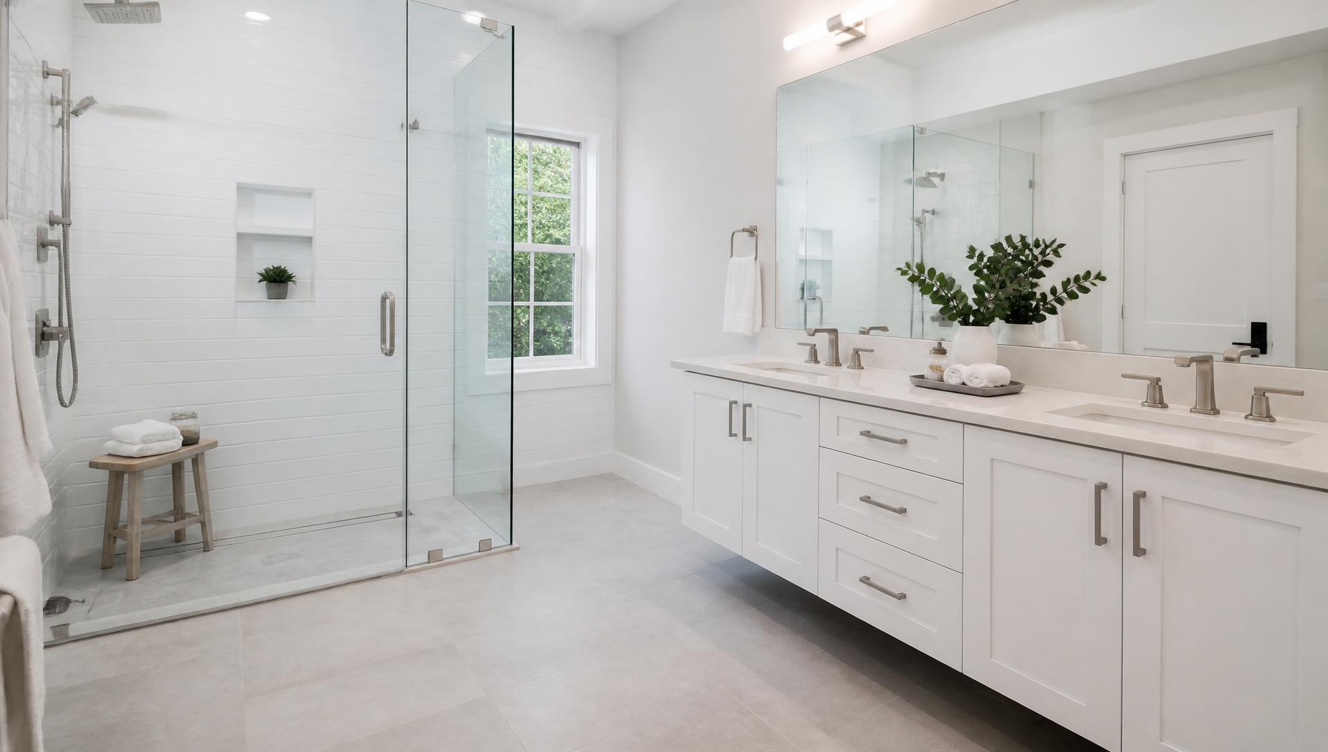 Bright, modern remodeled bathroom with clean white tiles, glass walk-in shower and double vanity